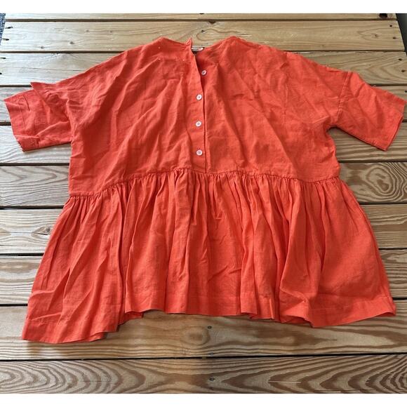 Fabiana Pigna 100% Linen Back Button Peplum Top Size XS Women’s Tangerine - Picture 2 of 7